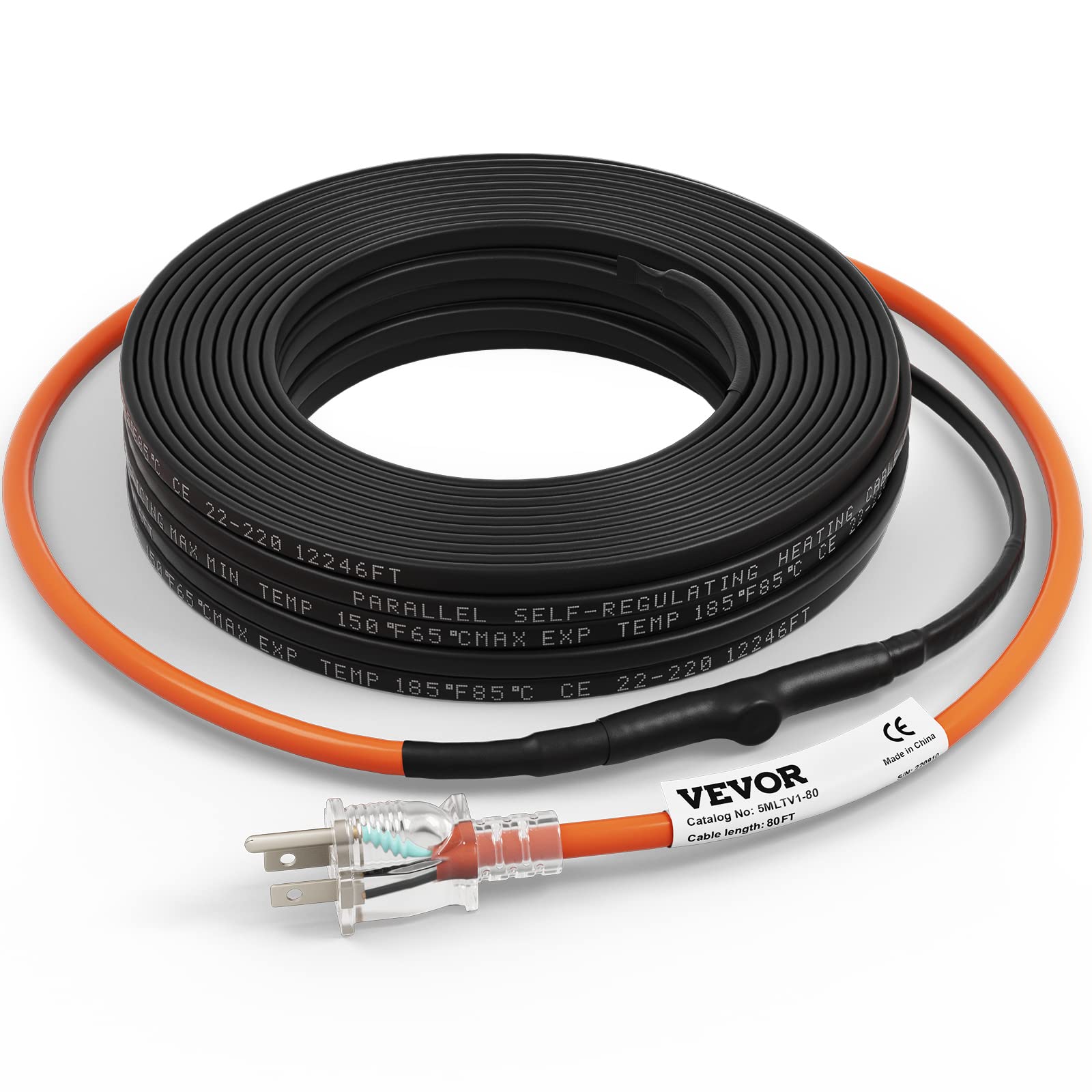 VEVOR Self-Regulating Pipe Heating Cable, 80-feet 5W/ft Heat Tape for Pipes Freeze Protection, Protects PVC Hose, Metal and Plas